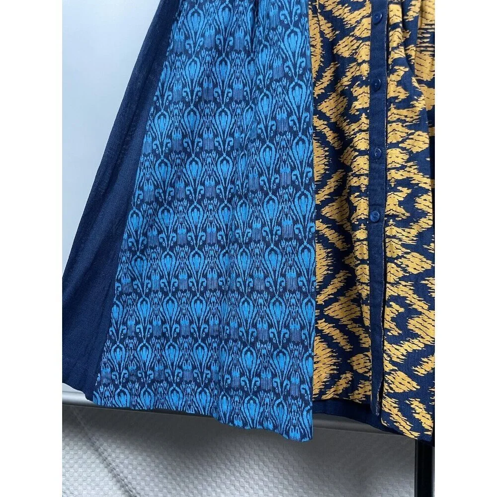 Taaga Blue Yellow Abstract Print Short Sleeve Midi Button Up Kaften Dress Size M